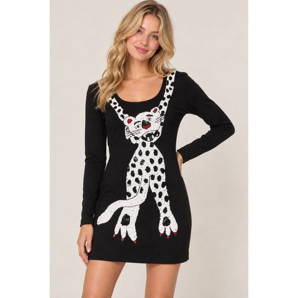 Bayou Women's Vintage Leopard Design Lined Black Sequin Dress Size Large